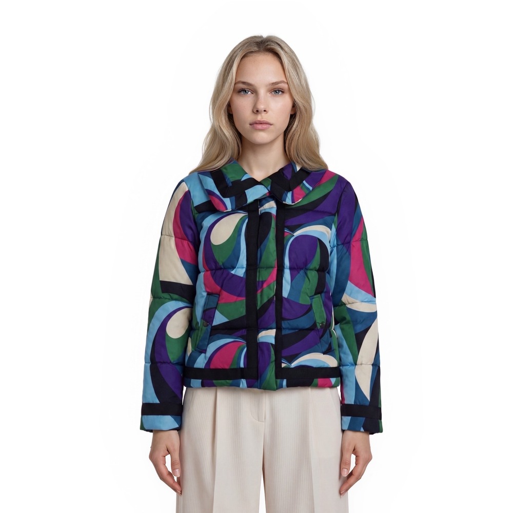 Boston Proper Puffer Jacket Coat Women's Size Large Multi Swirl Zip Vintage